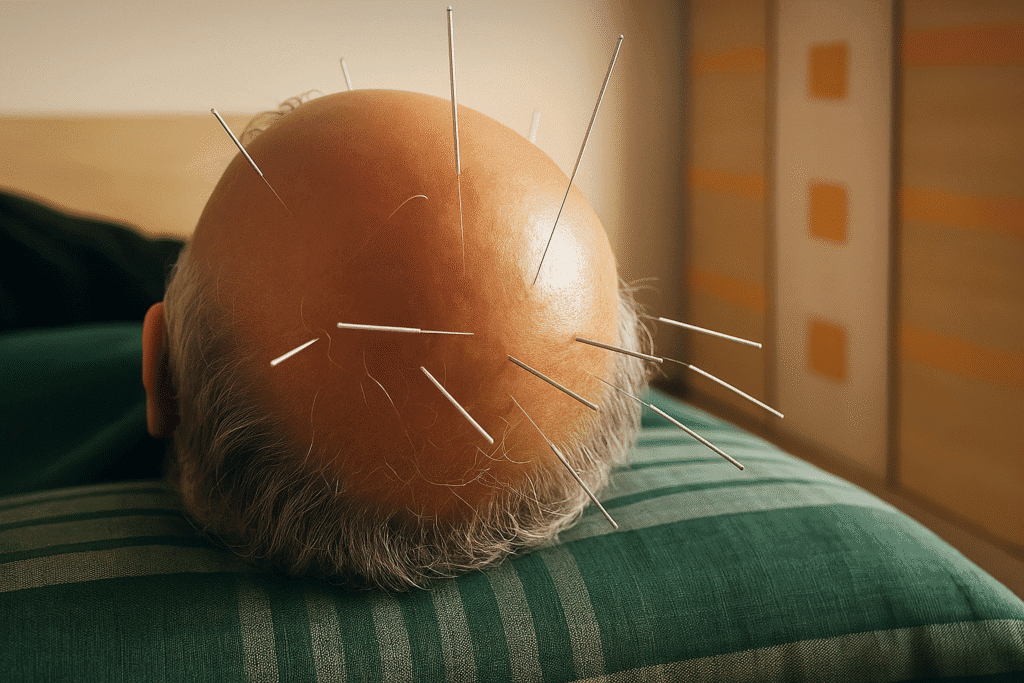 Scalp acupuncture needles placed on functional zones for neurological healing.