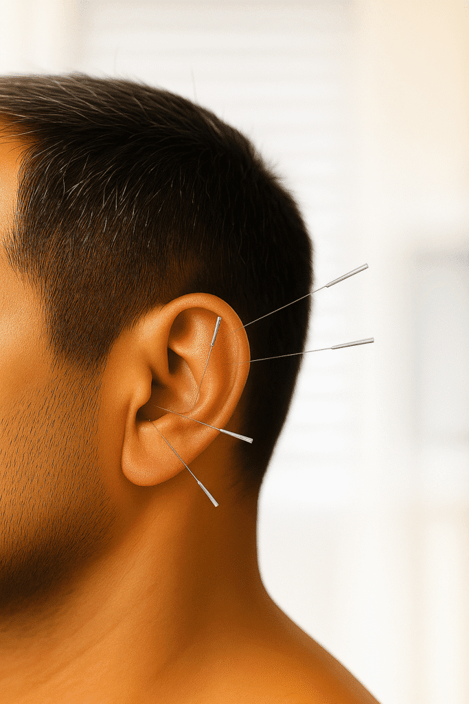 Auricular acupuncture needles applied to ear points to calm the nervous system.