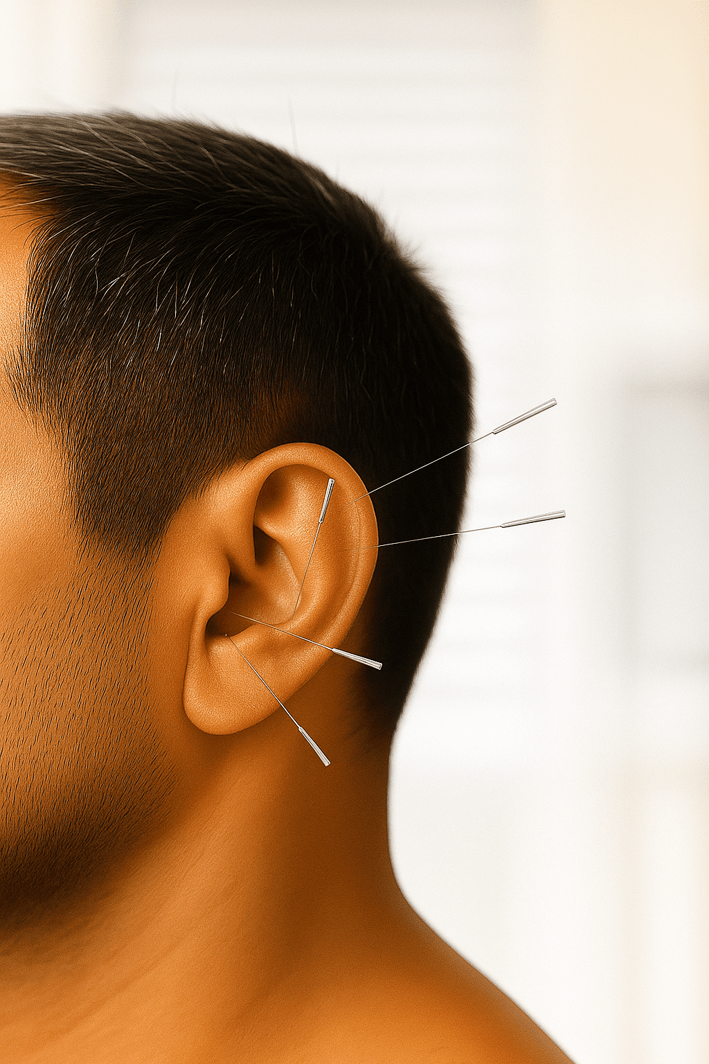 Auricular acupuncture needles applied to ear points to calm the nervous system.
