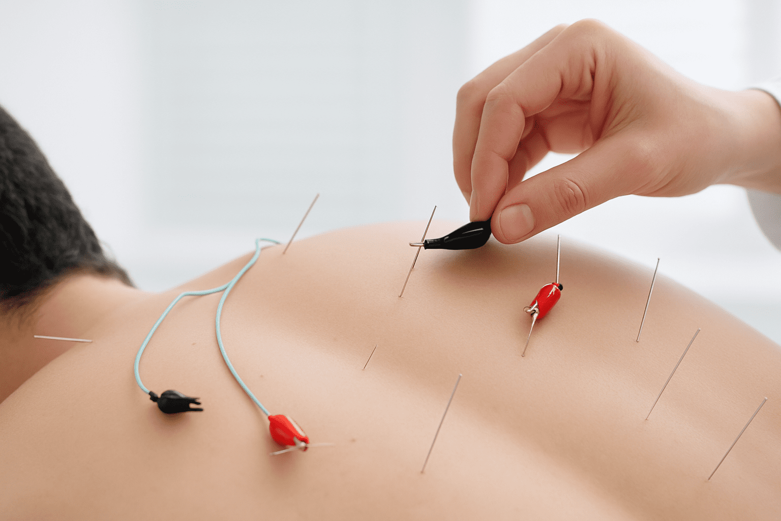 “Electro-acupuncture needles connected to mild electrical stimulation for nerve pain relief.