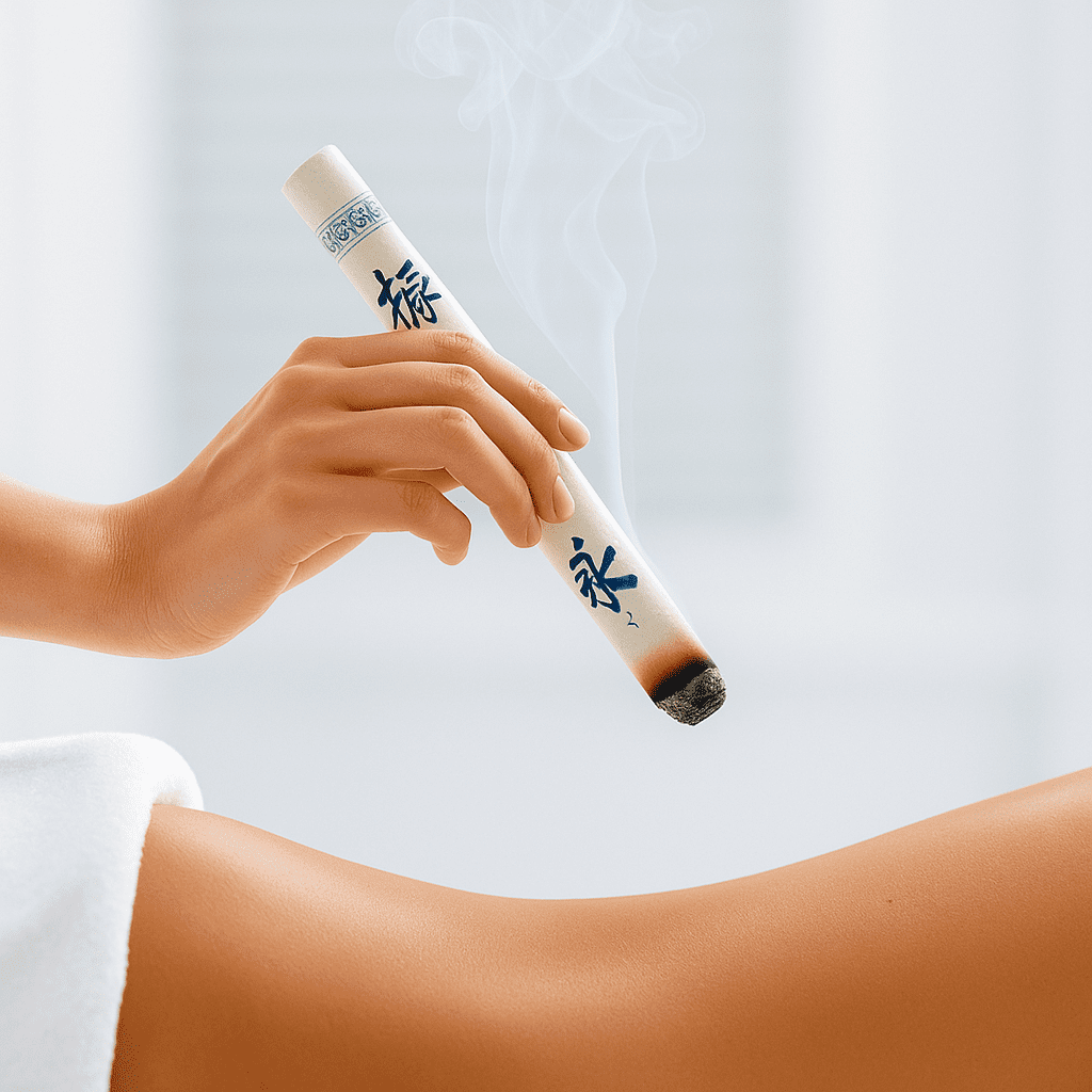 Moxibustion therapy using burning moxa to warm acupuncture points.